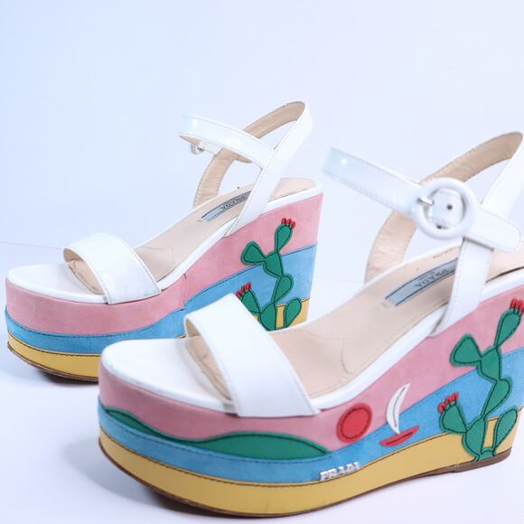 PRADA Southwest Suede Appliqué Platform Sandals Multicolor Wedge Women's 35.5 - Picture 5 of 11